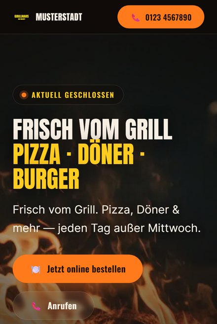 Vorschau einer Cozy Table-Bestellseite am Handy — Speisekarte, Bewertungen, Bestellbutton